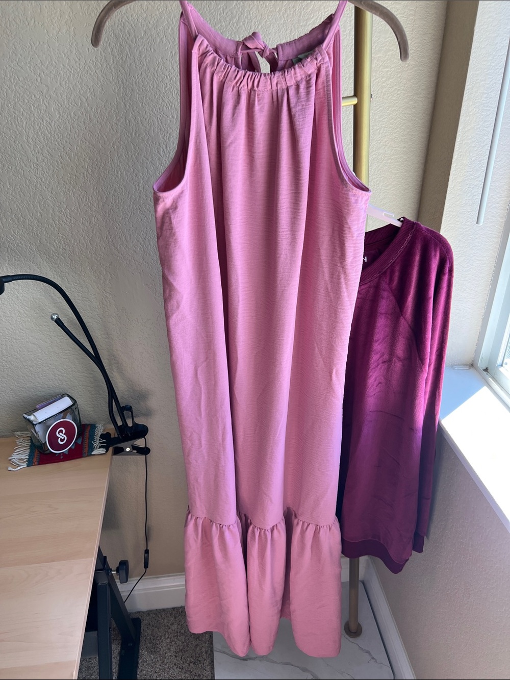 Dusty Rose Ryegrass Sleeveless Pink Ruffle-Hem Maxi Dress